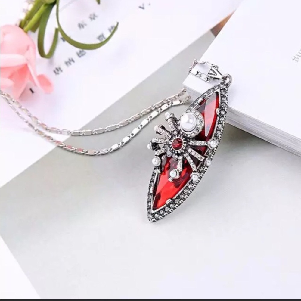 Spooky Scary Halloween Spider Red Necklace